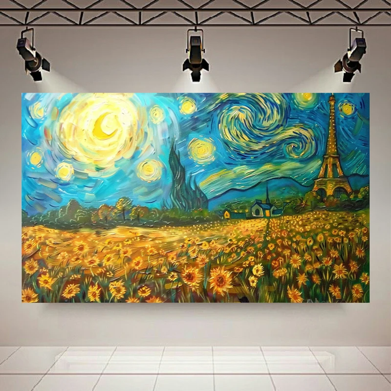 تابلو بوم طرح مخمل نقاشی شب پرستاره مدل مزرعه آفتابگردان و برج ایفل کد AR302377