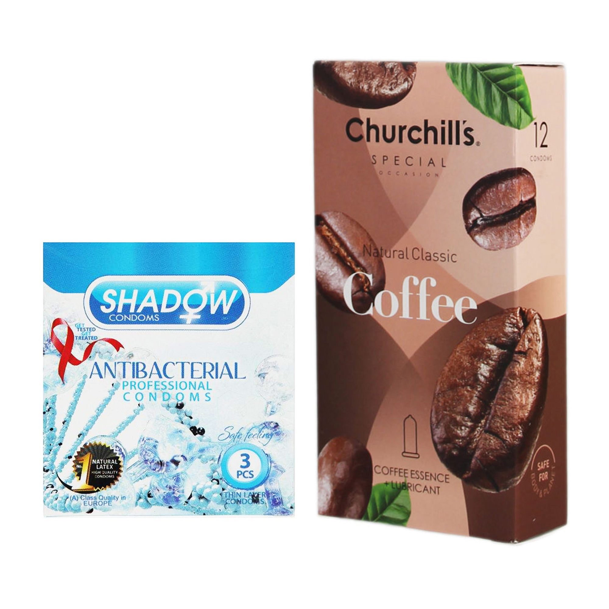 کاندوم چرچیلز مدل Coffee بسته 12 عددی به همراه کاندوم شادو مدل Anti Bacterial بسته 3 عددی