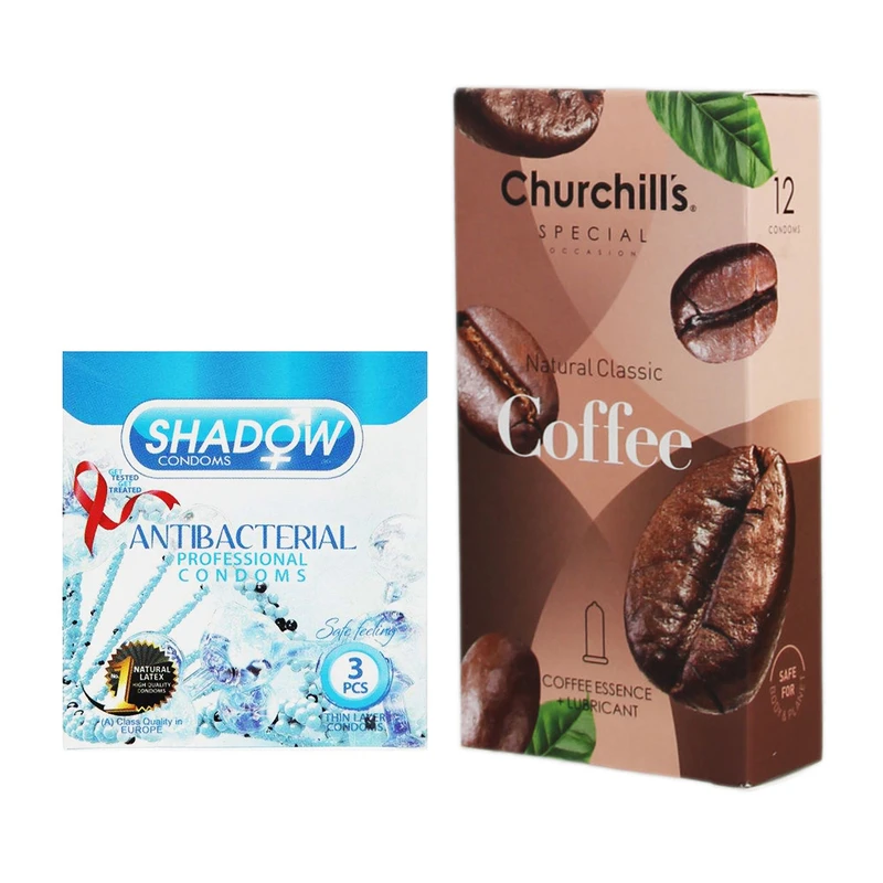 کاندوم چرچیلز مدل Coffee بسته 12 عددی به همراه کاندوم شادو مدل Anti Bacterial بسته 3 عددی
