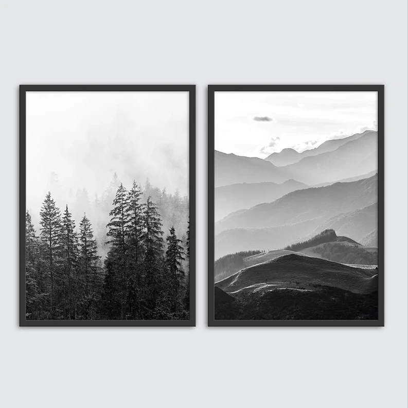 تابلو مدل دکوراتیو طرح کاج و کوهستان کد T110819 مجموعه 2 عددی