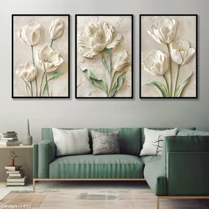تابلو طرح دکوراتیو مدل گل لاله کد1475 فریم مشکی مجموعه سه عددی