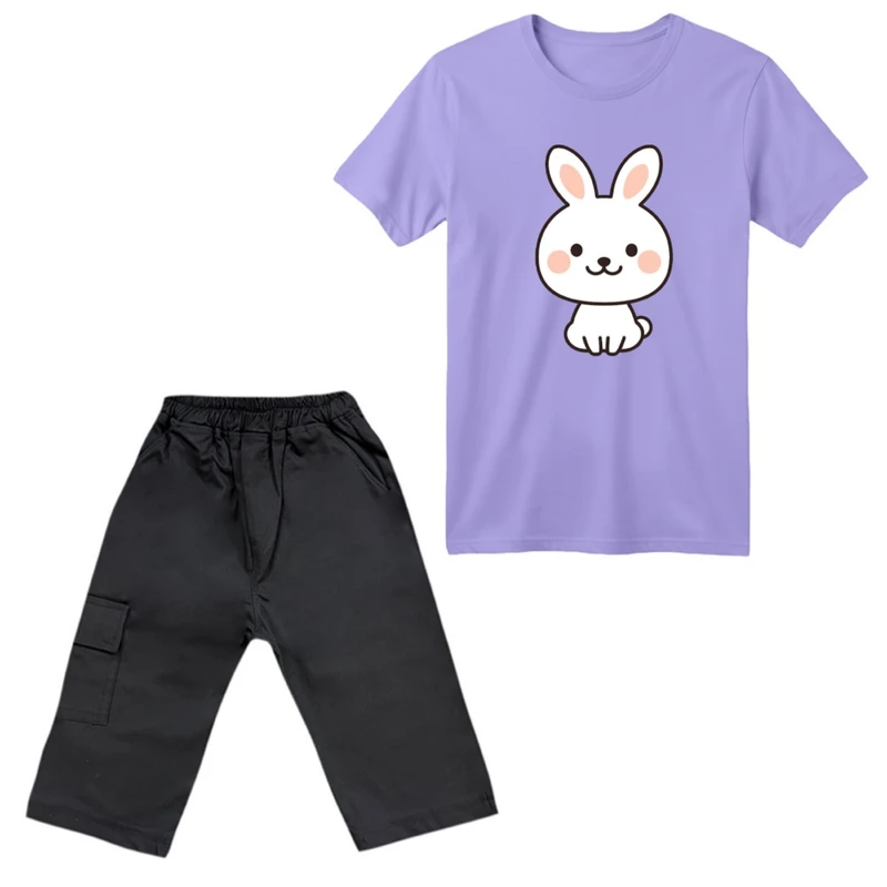 ست تی‌شرت آستین کوتاه و شلوارک دخترانه مدل خرگوش کد ۱۳