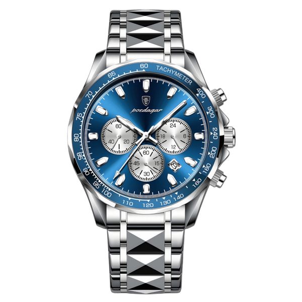 ساعت مچی عقربه‌ای کوارتز مردانه پوداگار مدل اسپرت سه موتور فعال کرنوگراف بند استیل الماسی کد ۳