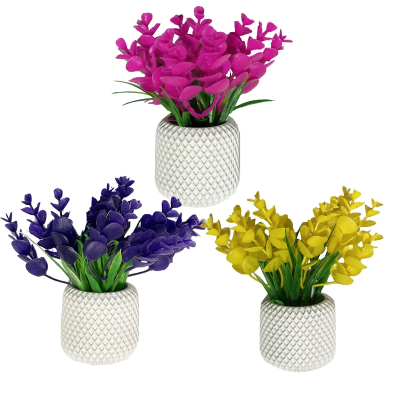 گلدان به همراه گل مصنوعی مدل تره و اکالیپتوس زنبوری مجموعه 3 عددی