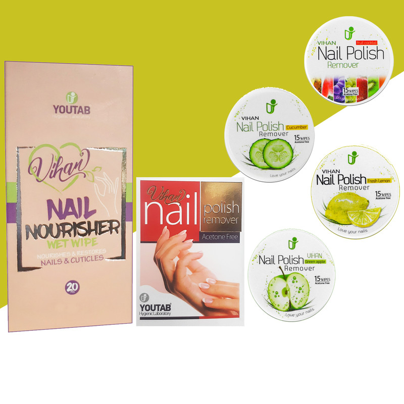 پد لاک پاک کن ویهان کد B500 بسته 5 عددی به همراه دستمال تقویت ناخن ویهان مدل 423 بسته 20 عددی