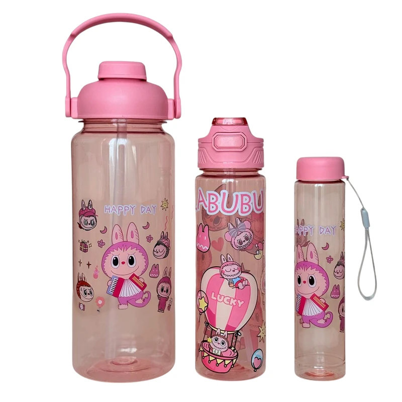 قمقمه ورزشی مدل ۳ قلو طرح لبوبو گنجایش ۲ لیتر مجموعه ۳ عددی