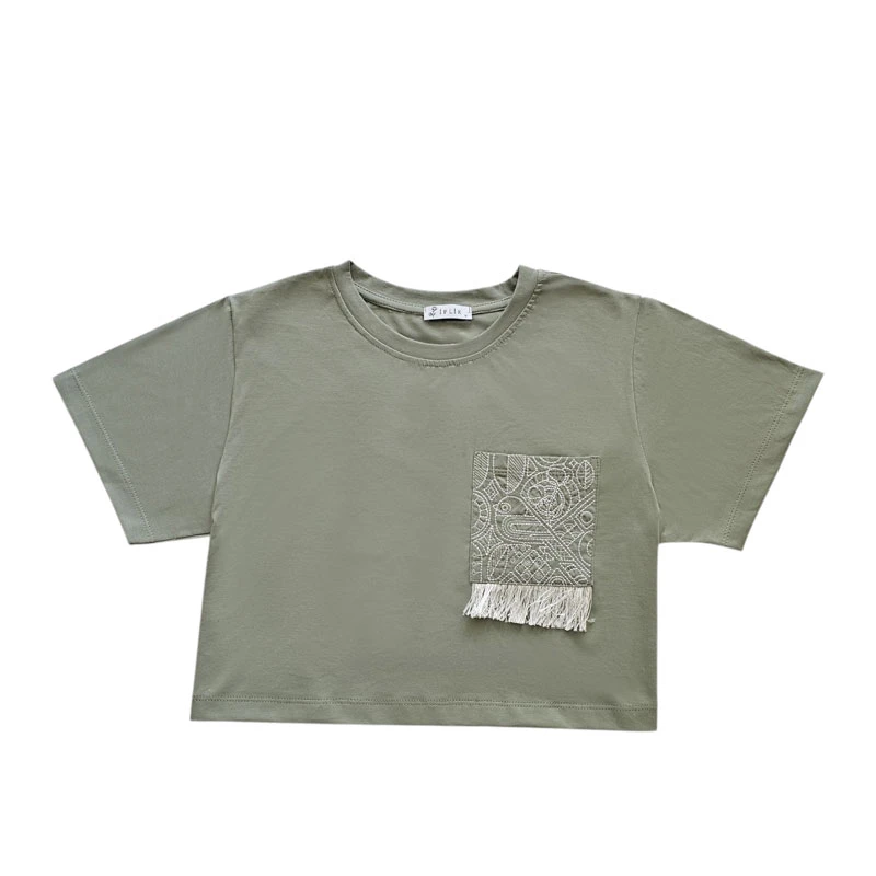 کراپ‌ تی‌شرت آستین کوتاه زنانه ایپلیک زی مدل جیب گلدوزی کد IP13.4