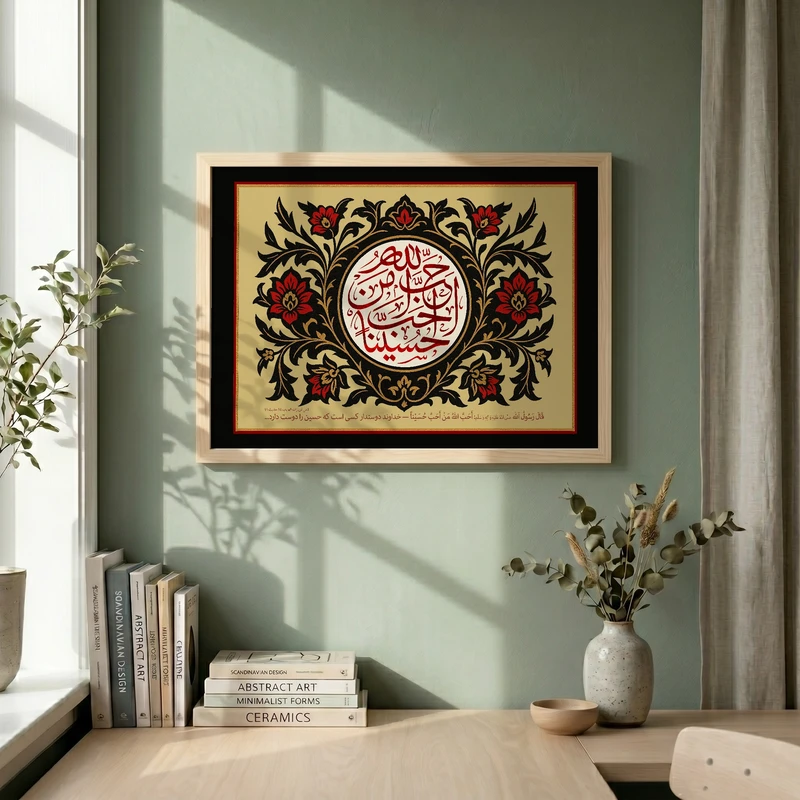 تابلو طرح احب الله من احب حسینا مدل G13735 فریم کرم روشن