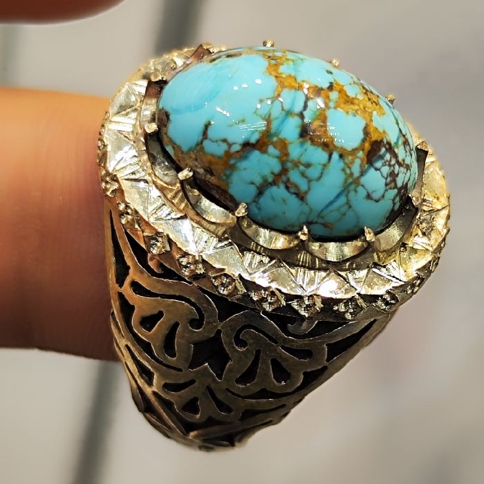 انگشتر نقره مردانه مدل سنگ فیروزه نیشابور رکاب دست ساز کد 5000 -  - 7