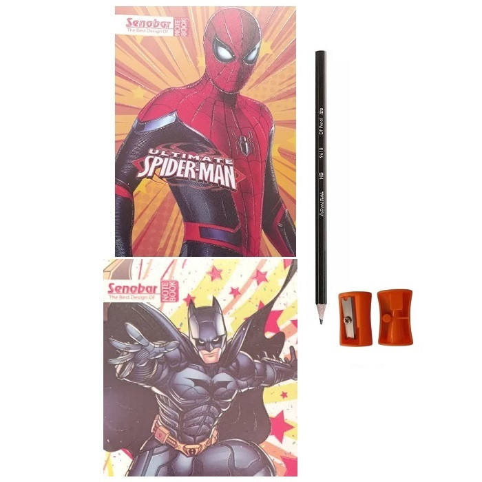 دفتر نقاشی 50 برگ صنوبر مدل مرد عنکبوبتی  به همراه مداد و تراش  مجموعه 5 عددی