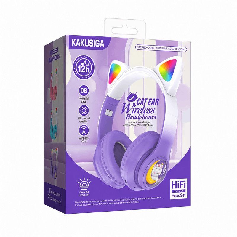 هدست بلوتوثی روگوشی فانتزی طرح گوش‌گربه‌ای مدل KSC-1118 با نسخه بلوتوث 5.3، نورپردازی RGB، پشتیبانی از کارت حافظه TF، رادیو FM، میکروفون داخلی و باتری 400 میلی‌آمپرساعتی با شارژدهی حدود 12 ساعت