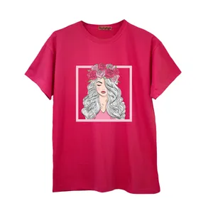 تی شرت آستین کوتاه زنانه مدل دختر و گل رنگ سرخابی