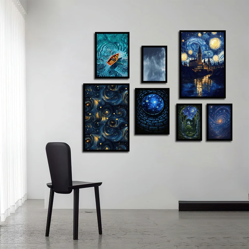تابلو بکلیت طرح نقاشی رنگ روغن منظره شهر و کهکشان مدل B-3761 فریم مشکی مجموعه 7 عددی