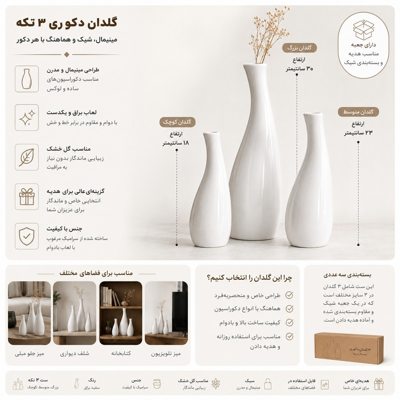 گلدان دکوری مدل مینیمال نیکورا بسته ۳ عددی