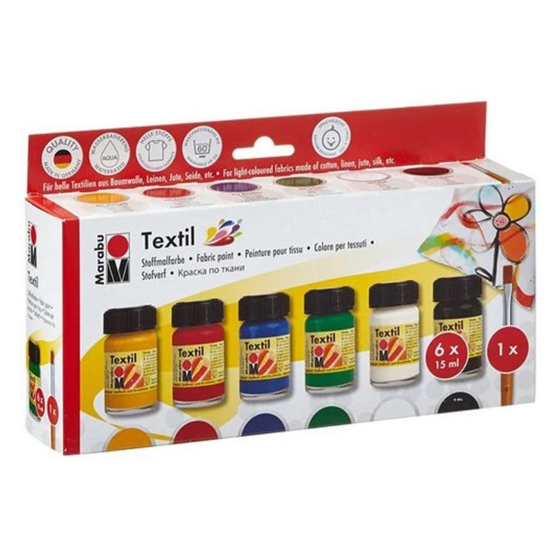 رنگ پارچه مارابو مدل Textil حجم 15 میلی‌لیتر به همراه قلم مو بسته 7 عددی