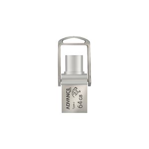 فلش مموری 64 گیگابایتی ادونس مدل T142، با 2 رابط USB Type-A و USB Type-C، استاندارد USB 3.2 Gen2، بدنه فلزی، طراحی بدون درپوش و پشتیبانی از Plug & Play و OTG