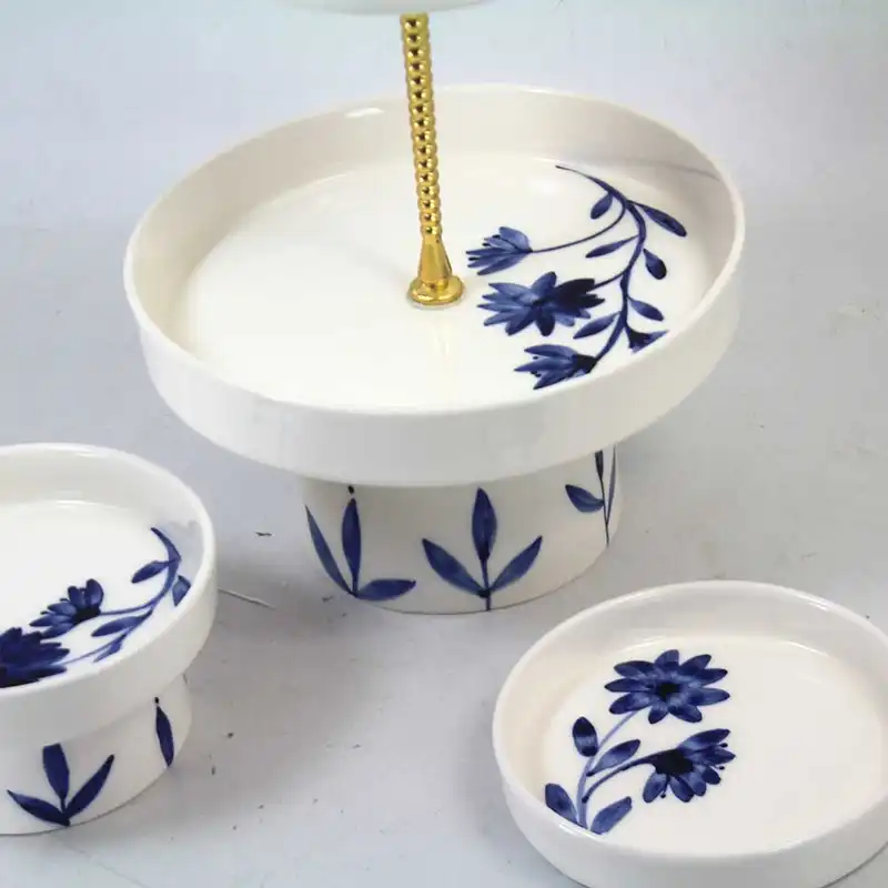 ست 3 تکه پذیرایی سرامیکی مدل 2 طبقه طرح گل و پرنده کد 29-sad