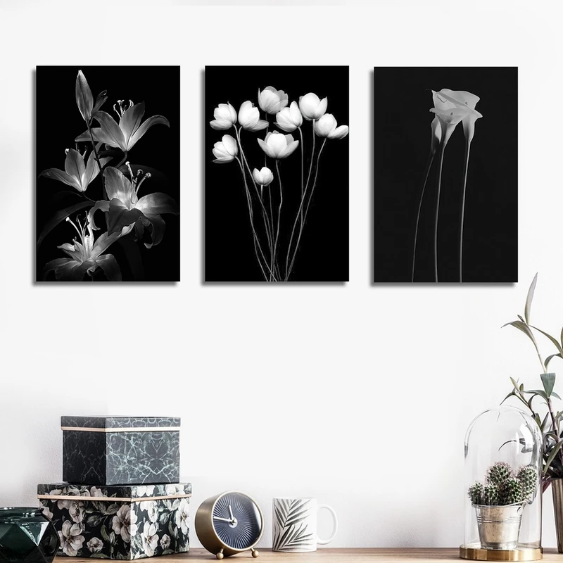 تابلو شاسی بکلیت طرح دکوراتیو گل شیپوری سیاه و سفید مدل SH-1452 مجموعه 3 عددی