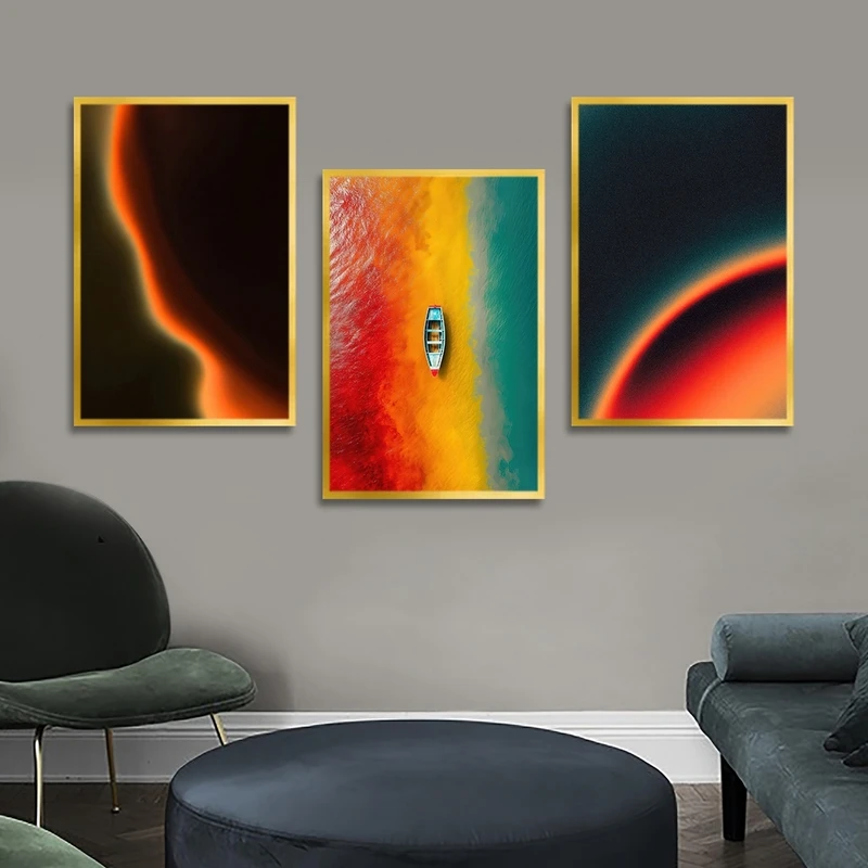 تابلو بکلیت طرح نقاشی انتزاعی دریا و قایق مدل T-2791 مجموعه 3 عددی