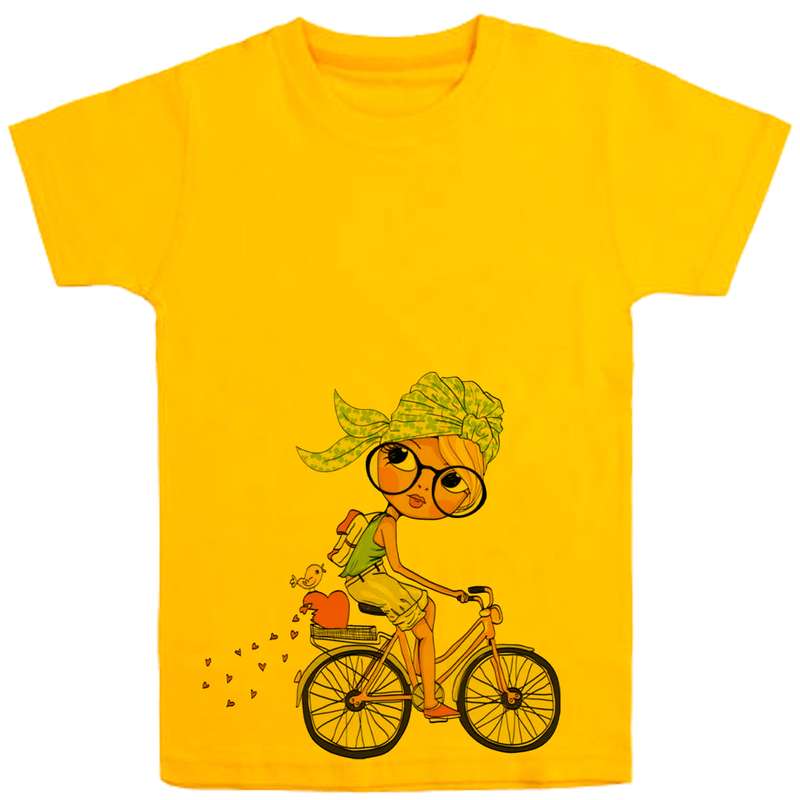 تی شرت آستین کوتاه دخترانه مدل دختردوچرخه سوار D86 رنگ زرد
