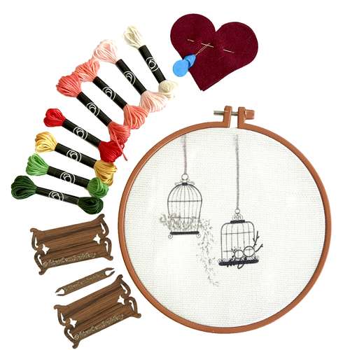 بسته آموزش گلدوزی مدل طرح قفس پرنده مجموعه 16 عددی