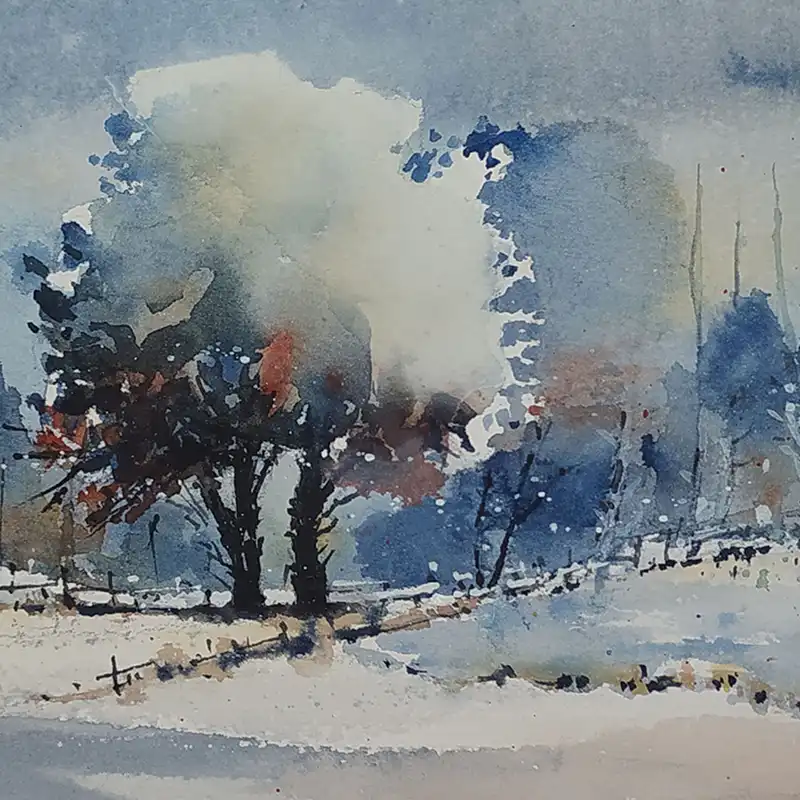 نقاشی آبرنگ طرح منظره برفی کد 23