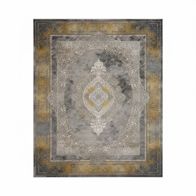 فرش ماشینی 1200 شانه زمینه دودی لایت حاشیه طوسی مدل نئوکلاسیک وینتیج طلاکوب