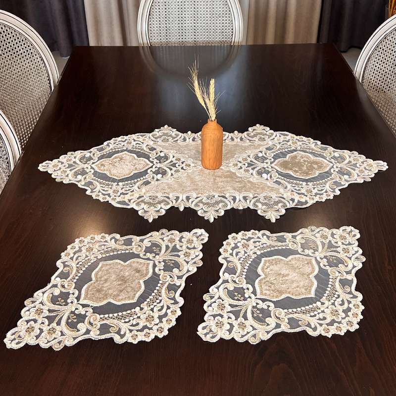 ست رومیزی 3 تکه صفاهوم مدل ستاره مخمل گیپور کد 0N