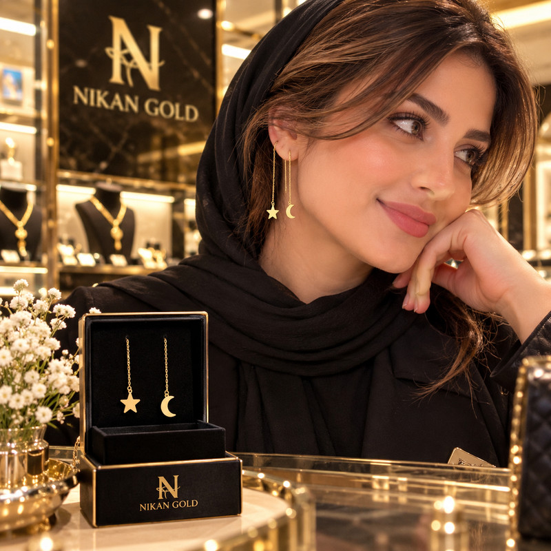 گوشواره بخیه‌ای طلا 18 عیار زنانه نیکان گلد مدل ماه ستاره - 3