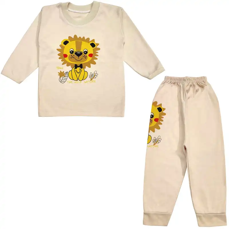 ست تی شرت و شلوار نوزادی مدل شیر کد 3726 رنگ کرم