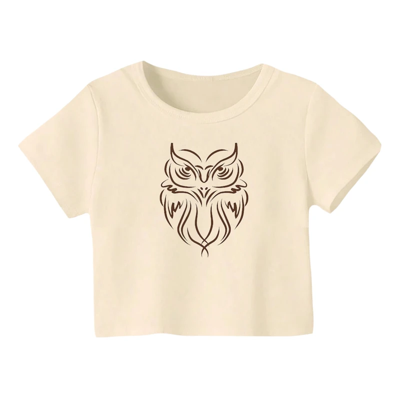 کراپ‌ تی‌شرت آستین کوتاه زنانه مدل جغد کد 1