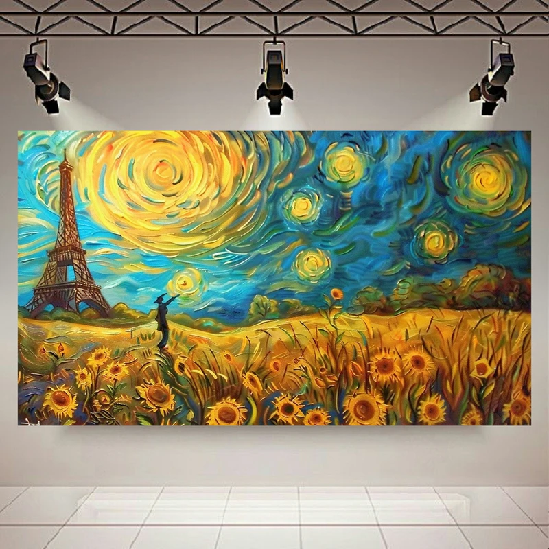 تابلو بوم طرح مخمل نقاشی شب پر ستاره ونگوگ مدل تماشای آسمان کد AR302373