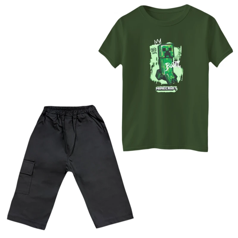 ست تی‌شرت و شلوارک پسرانه مدل ماینکرفت کد 6 رنگ یشمی
