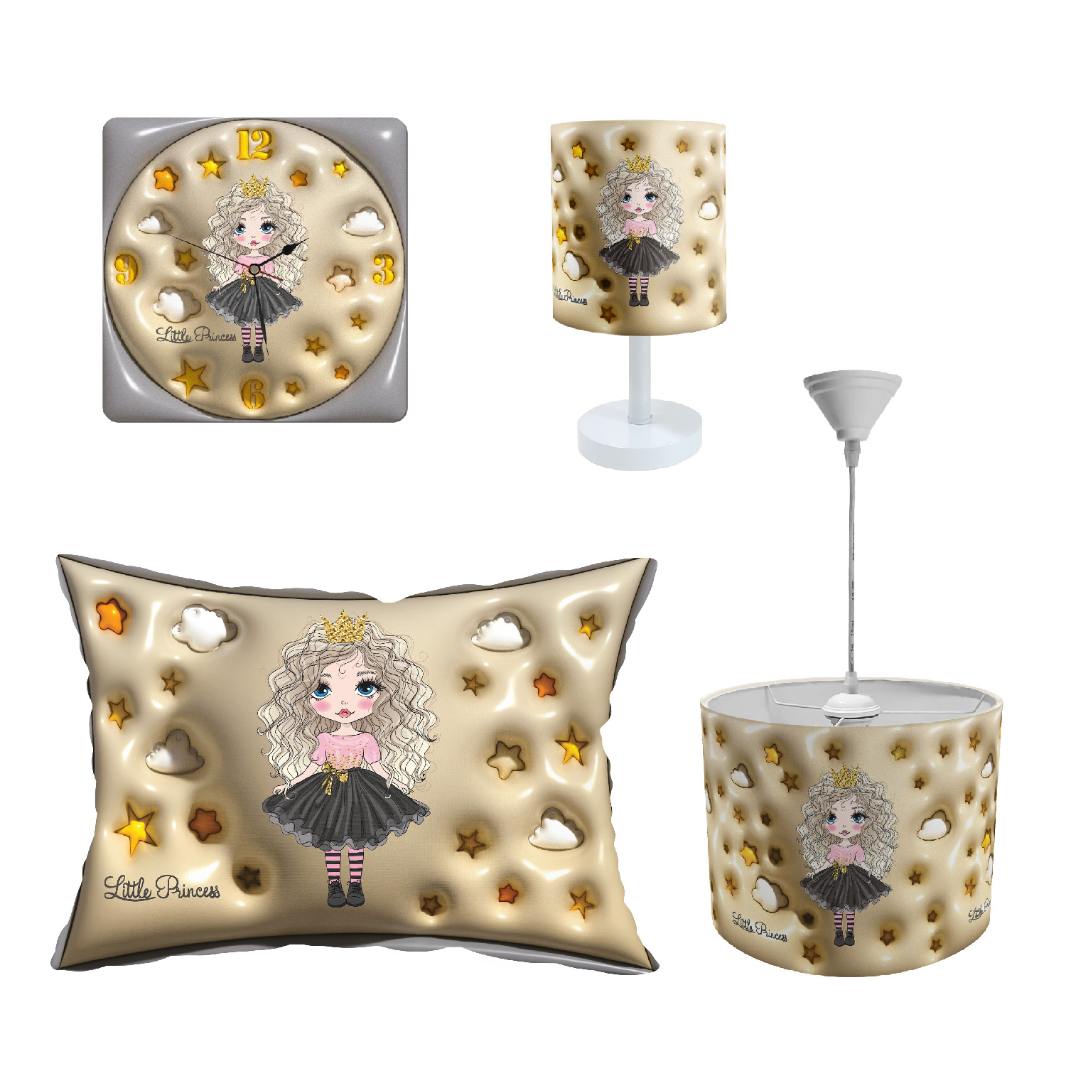 آباژور و لوستر کودک طرح دختر موفرفری مدل LBR-SET-006 به همراه ساعت و روبالشی