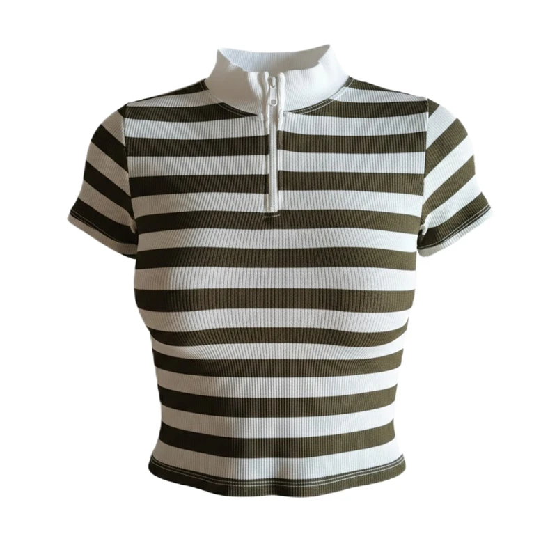 کراپ بلوز آستین کوتاه یقه برگردان زنانه مدل نیم زیپ Dishmuk