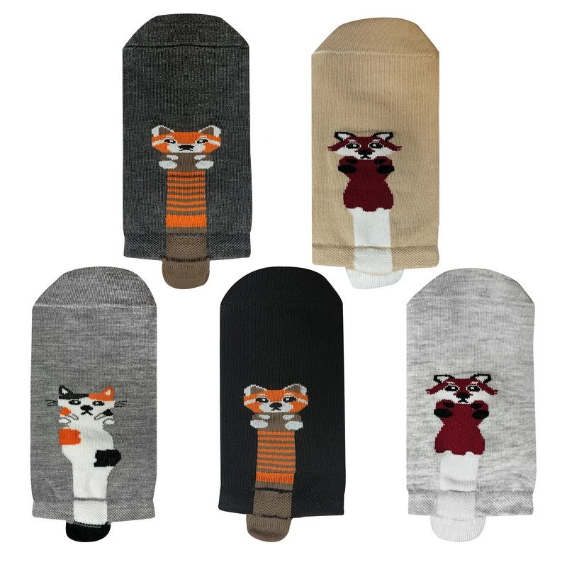 جوراب ساق کوتاه پسرانه تن پوش هنگامه مدل روباه راکون و گربه مجموعه 5 عددی