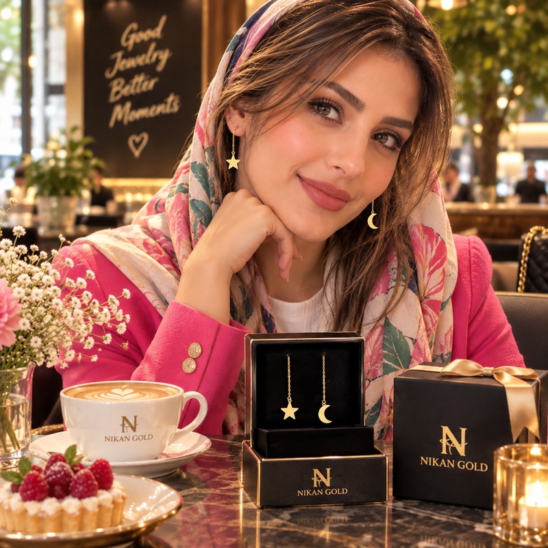 گوشواره بخیه‌ای طلا 18 عیار زنانه نیکان گلد مدل ماه ستاره - 2