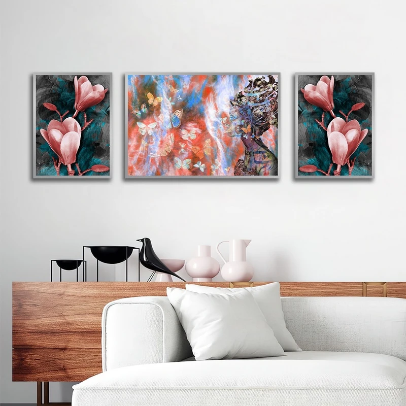 تابلو ساده بکلیت طرح نقاشی گل و خطاطی مدل شاین اکلیلی SI-2581 فریم نقره ای مجموعه 3 عددی