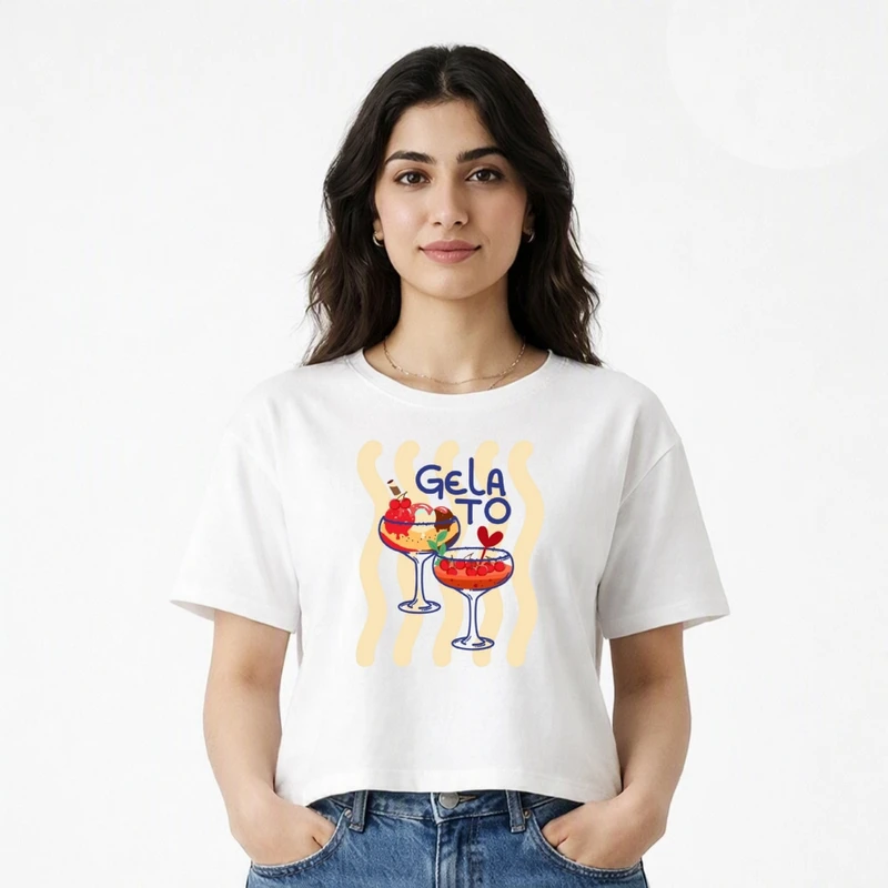کراپ تی شرت آستین کوتاه زنانه طرح ژلاتو