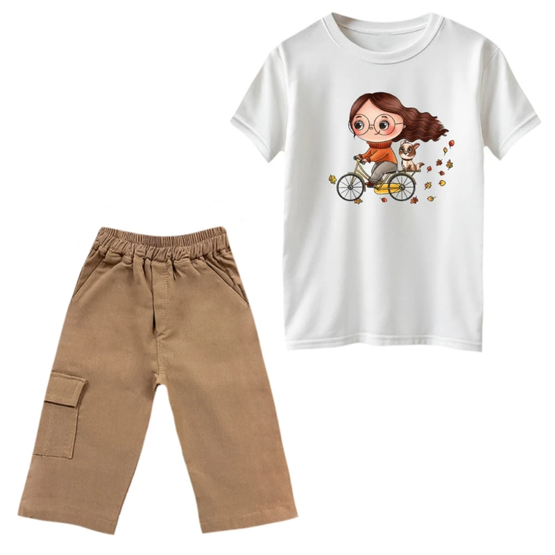 ست تی‌شرت و شلوارک دخترانه مدل دخترک دوچرخه رنگ سفید