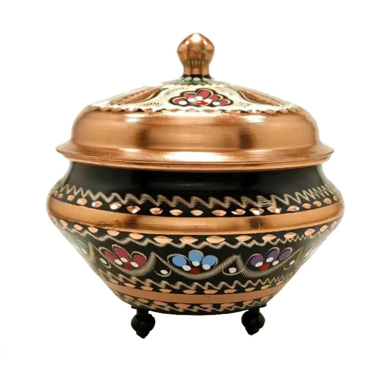 قندان میناکاری مسی طرح پایه دار درب دار کد 092