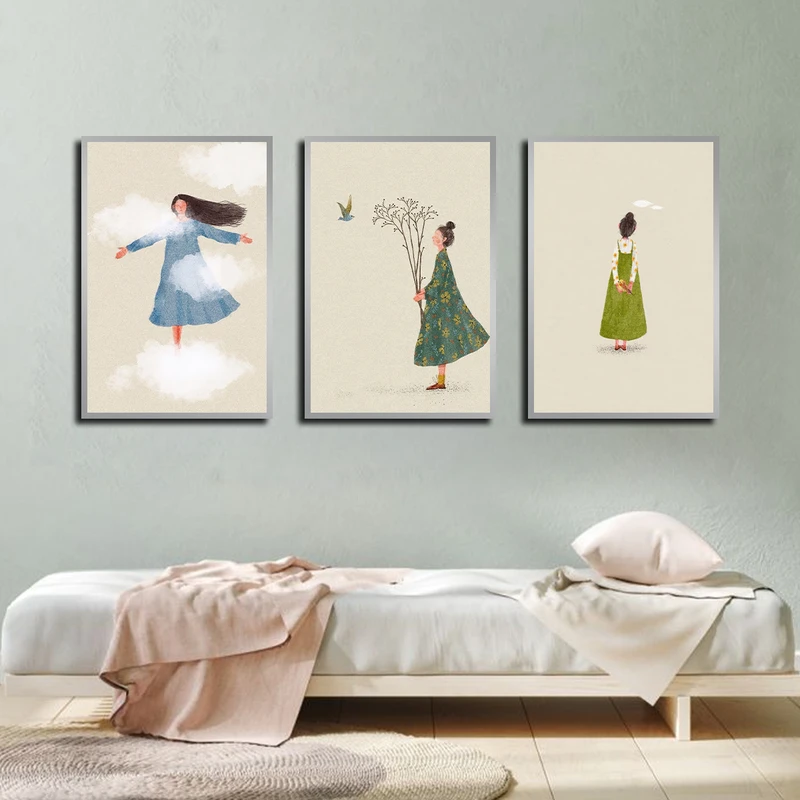 تابلو بکلیت طرح نقاشی فانتزی دخترانه مدل SI-3704 فریم نقره ای مجموعه 3 عددی