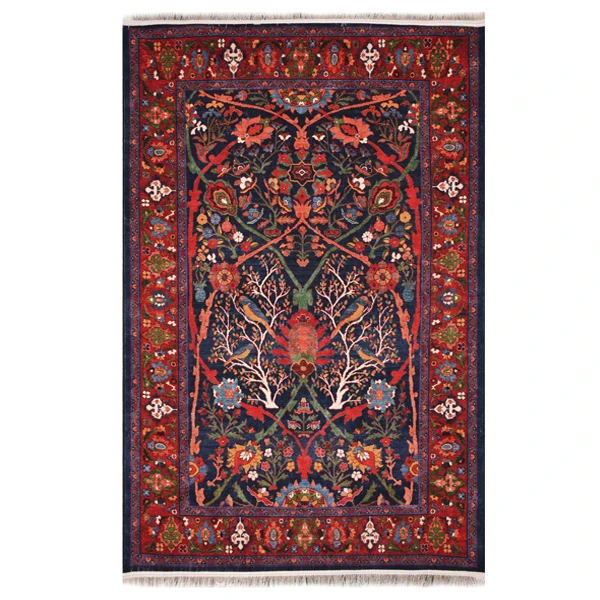 فرش ماشینی 1200 شانه فرش صرافیان زمینه سرمه‌ای حاشیه سرمه ای مدل بهشت بیجار