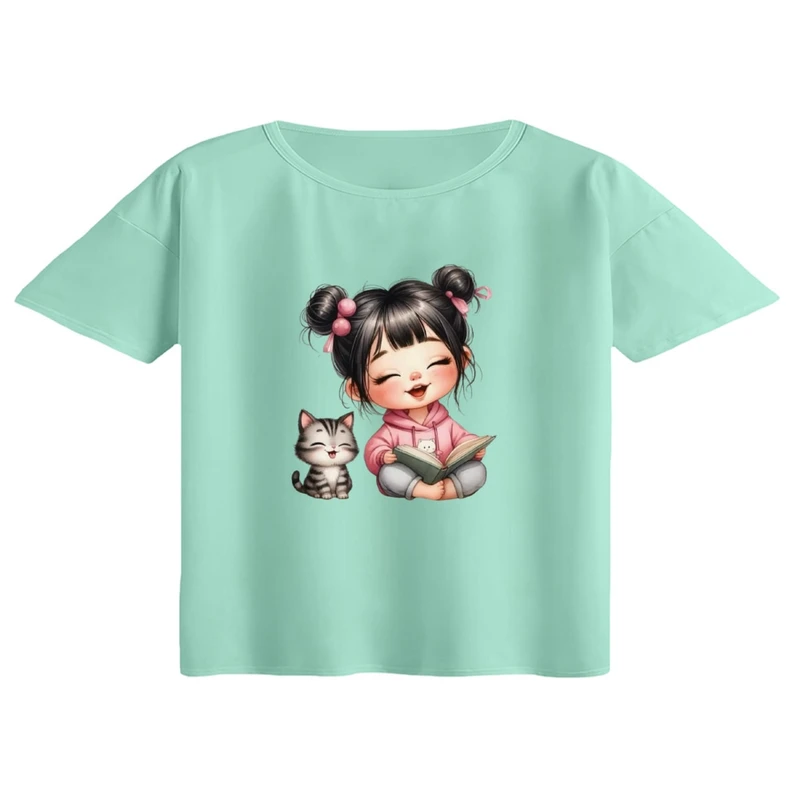 کراپ تی‌شرت آستین کوتاه زنانه مدل دخترک و گربه