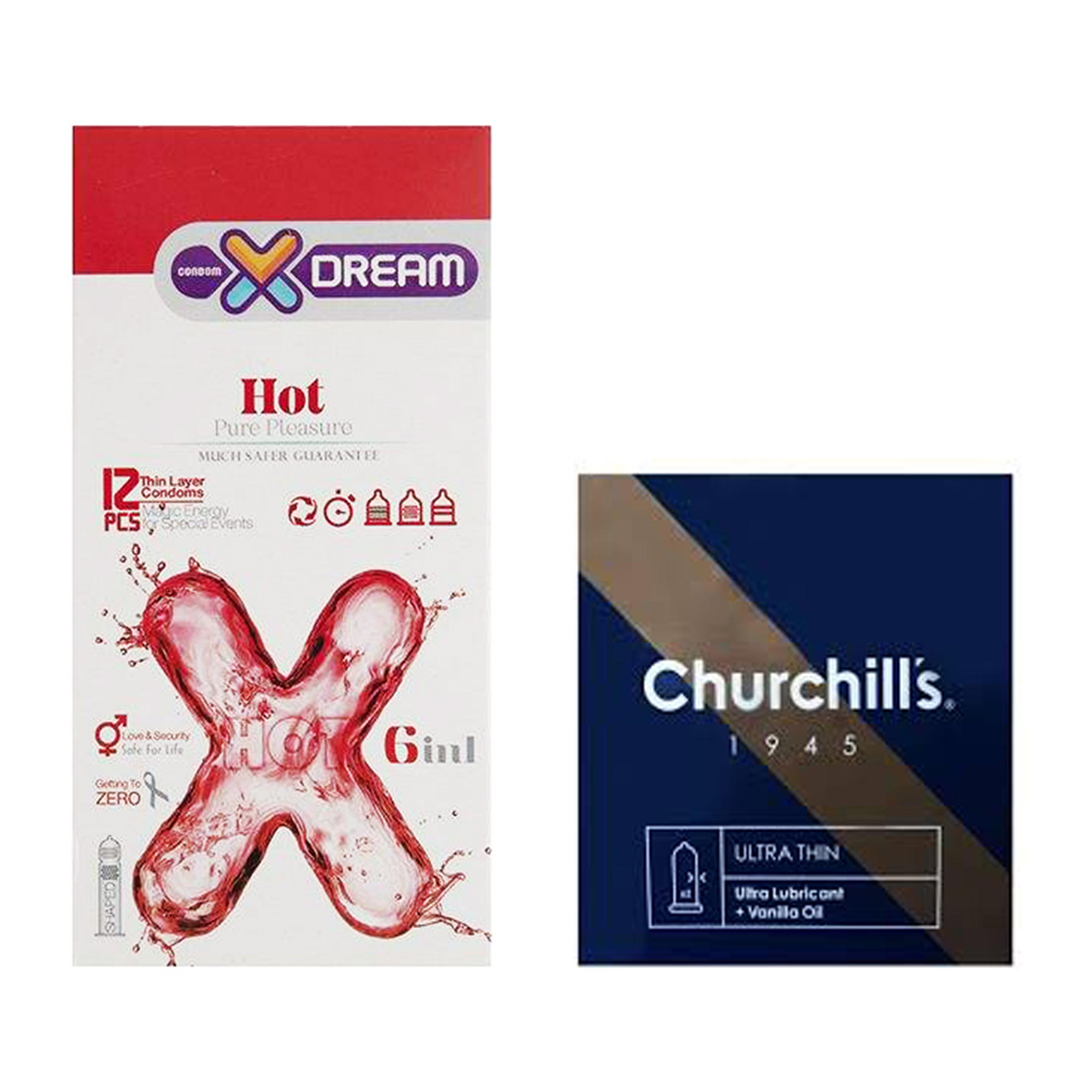 کاندوم چرچیلز مدل Ultra Thin بسته 3 عددی به همراه کاندوم ایکس دریم مدل Hot بسته 12 عددی