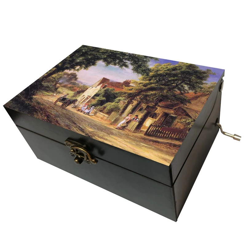 جعبه موزیکال مدل هندلی طرح منظره روستا اسب گاری خانه درخت کد T1085
