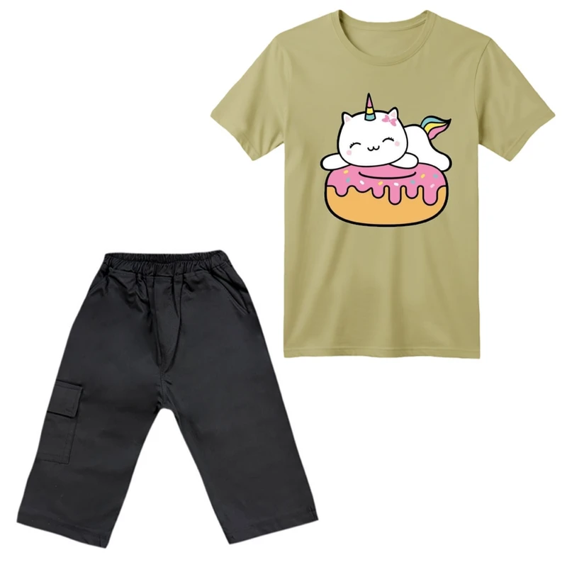 ست تی‌شرت آستین کوتاه و شلوارک دخترانه مدل یونیکورن کد 01 رنگ نسکافه‌ای