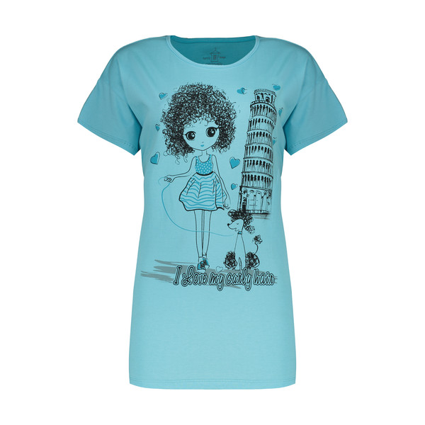 تی شرت آستین کوتاه زنانه فمیلی ور طرح دختر و پیزا کد 0162 رنگ آبی روشن