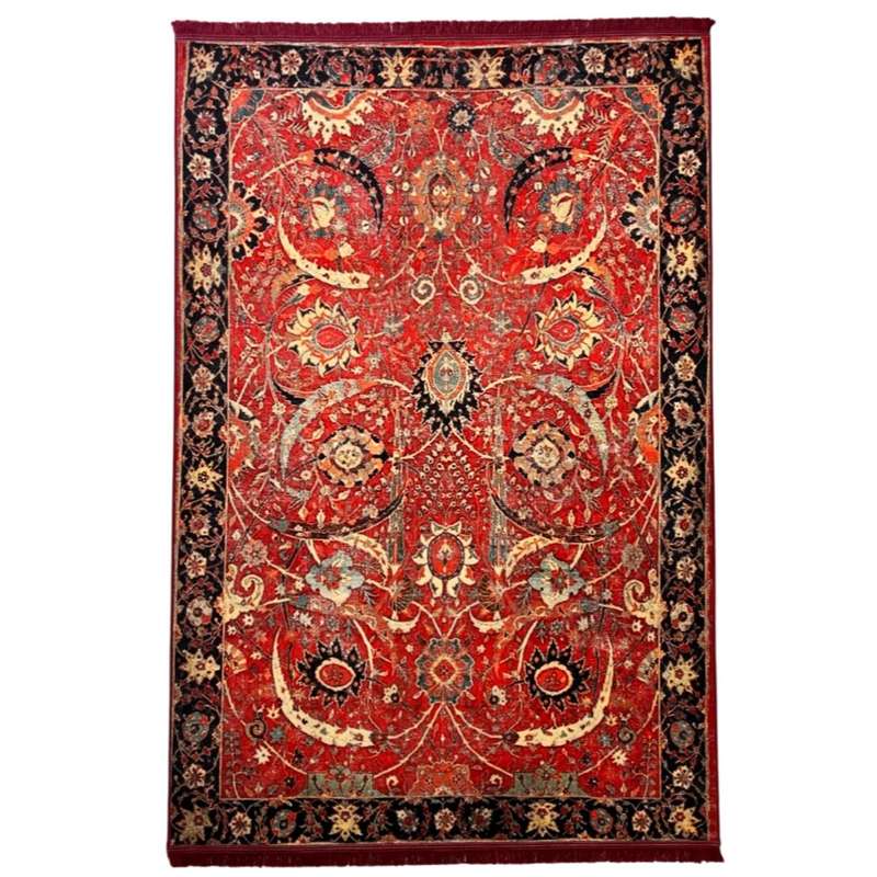 فرش ماشینی 700 شانه پردیسان دلیجان زمینه قرمز حاشیه مشکی کد N1016