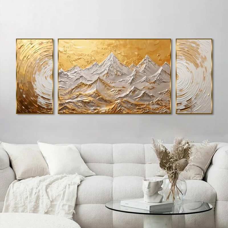تابلو طرح کوه مدل سلطنتی کد AB03 فریم طلایی مجموعه 3 عددی